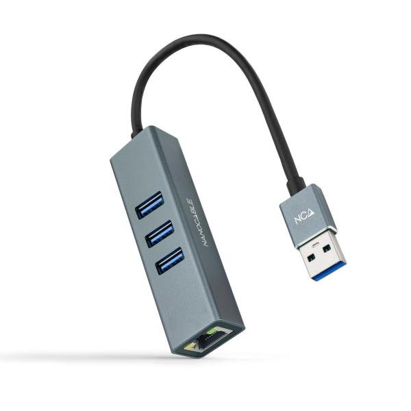 Conversor USB 3.0 Macho - 3x USB 3.0 Fêmea / 1x RJ45 Fêmea (Cinzento) - Nanocable