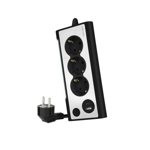 Régua Nanocable 3 Tomadas / 2x USB ( USB - C / USB - A ) Preto