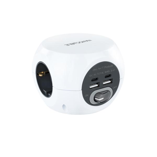 Base de 3 tomadas com 4 USB's (2 USB A / 2 USB - C) c/ interruptor