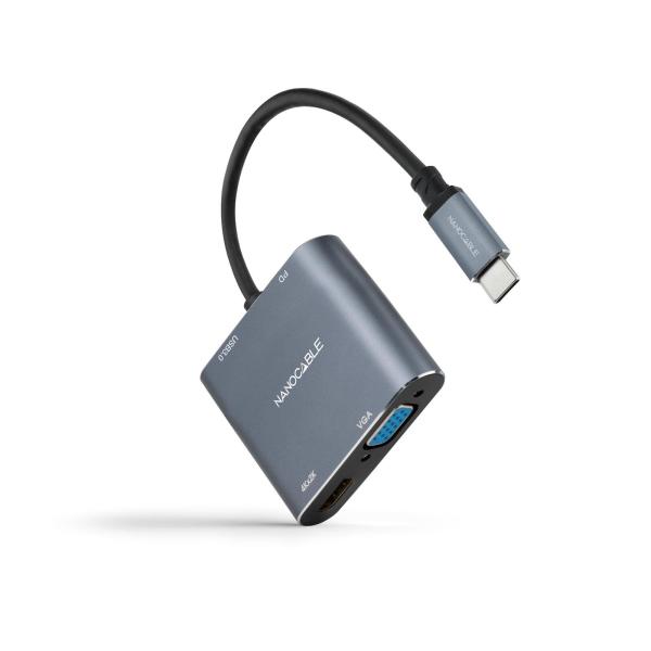 Adaptador USB - C - HDMI + VGA PD60W Compatível c/ Thunderbolt 3 (Cinzento) - NANOCABLE