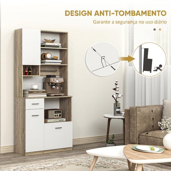 Armário de Cozinha Alto com 3 Portas, 9 Prateleiras, Gaveta e Prateleiras Ajustáveis, Estilo Moderno, 80x35x180 cm, Branco e Carvalho