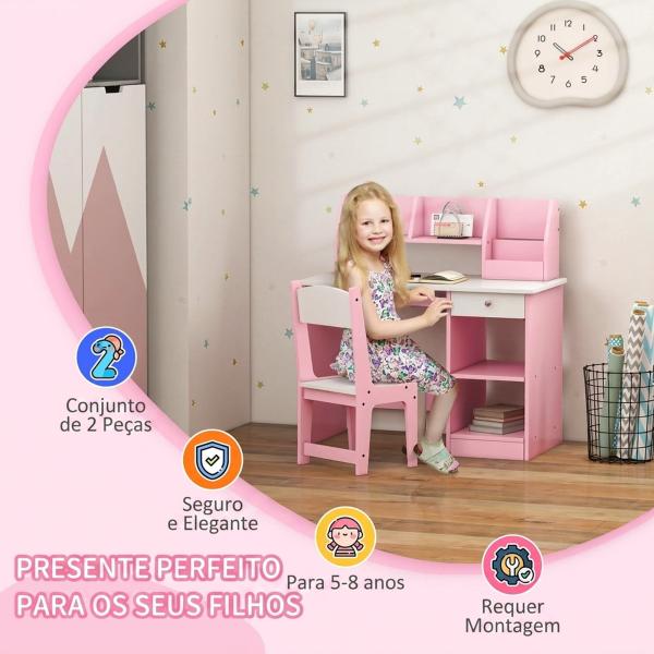 Secretária e Cadeira Infantil com Arrumação para Estudo, Leitura e Brincadeiras Rosa