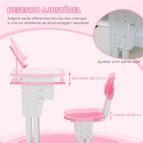 Conjunto de Secretária e Cadeira para Crianças com Altura Ajustável 1 Gaveta e 1 Prateleira para Livros 60x45x90 - 120 cm Rosa