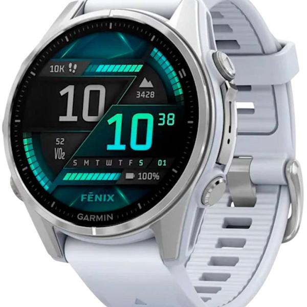 Smartwatch Fenix 8 43mm Amoled Prateado c/ Bracelete Branco Pedra em Silicone - GARMIN