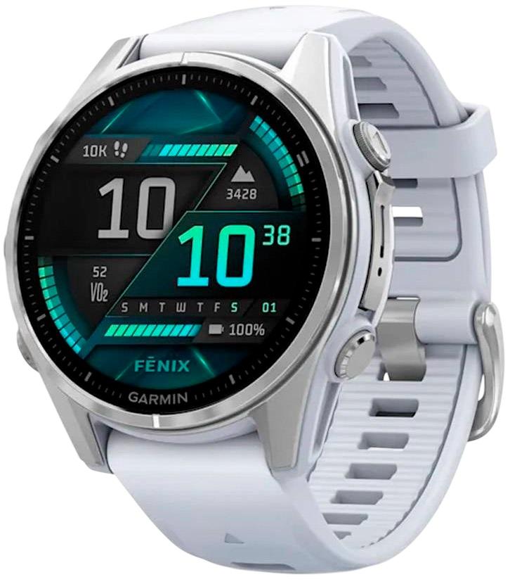 Smartwatch Fenix 8 43mm Amoled Prateado c/ Bracelete Branco Pedra em Silicone - GARMIN