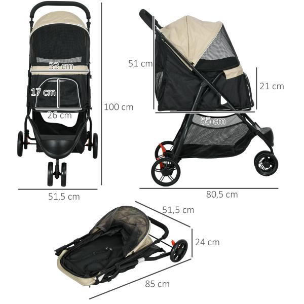 Carrinho para Cães Dobrável para Cães Pequenos com Cesta de Armazenamento Janela de Malha Capa para Chuva 80,5x51,5x100 cm Caqui