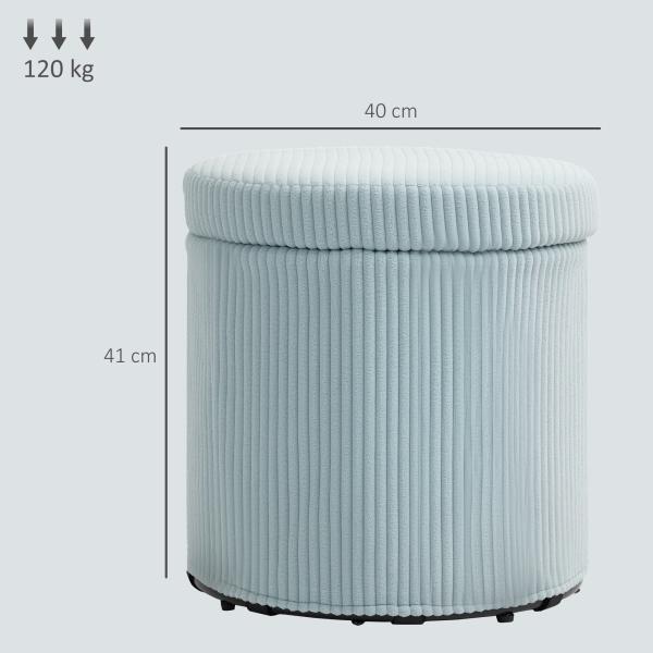 Puff de Arrumação Baú de Arrumação Redondo Estofado em Veludo Cotelê Tampa Removível Ø40x41 cm Azul Claro