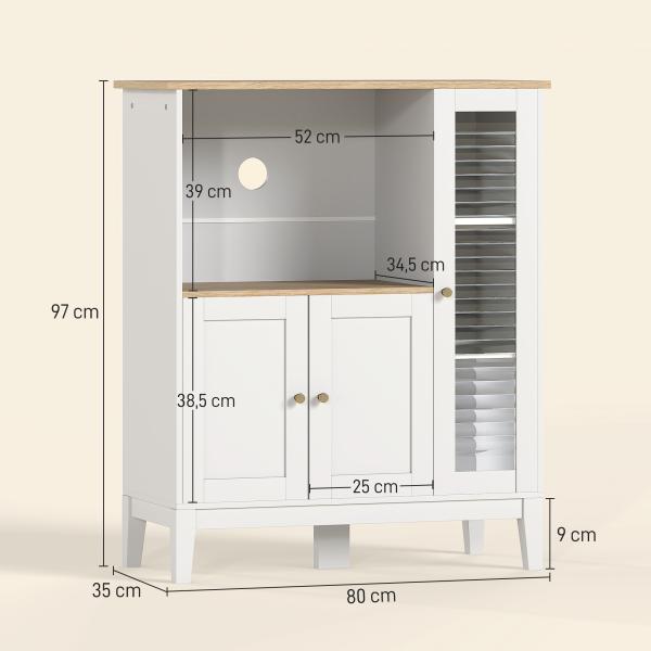Móvel Auxiliar de Cozinha Moderno Móvel para Micro - Ondas com Prateleiras 3 Portas Compartimento Aberto 80x35x97 cm Branco