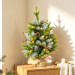 Árvore de Natal de Mesa 60 cm com 20 Luzes LED 141 Ramos 5 Pinhas 5 Bagas Vermelhas e Suporte de Metal para Interior Verde