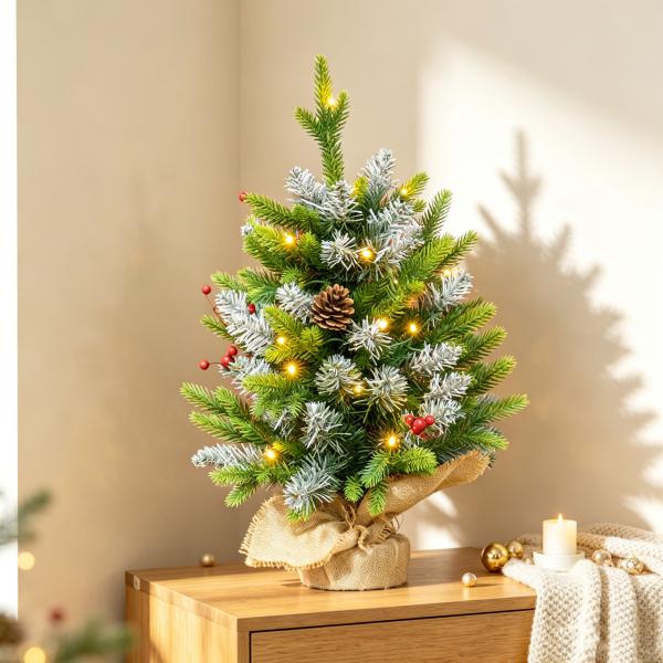Árvore de Natal de Mesa 60 cm com 20 Luzes LED 141 Ramos 5 Pinhas 5 Bagas Vermelhas e Suporte de Metal para Interior Verde
