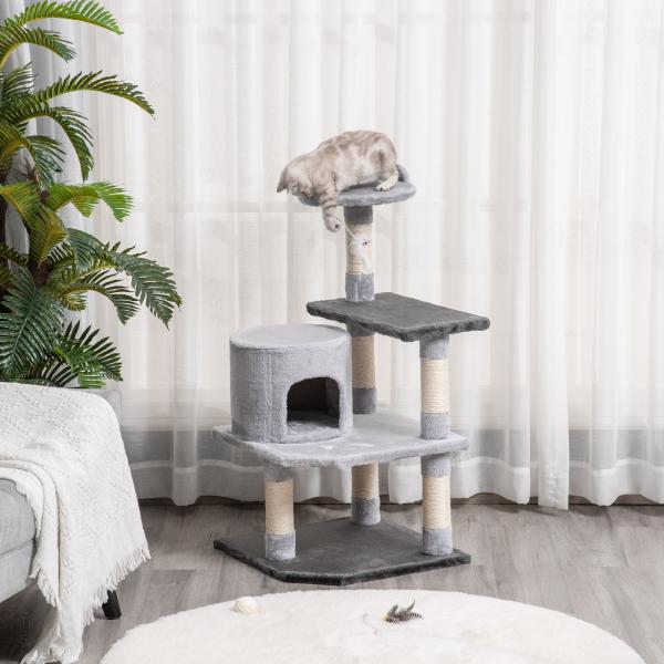 Árvore para gatos Arranhador Grande com Plataformas para Brincar coberta de Pelucía Cinza 48x48x100 cm
