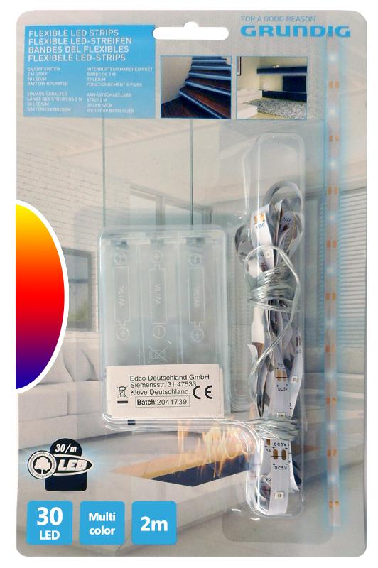 Fita 30 LEDs Flexíveis 2mts c/ Interruptor (a pilhas) Multicor - GRUNDIG