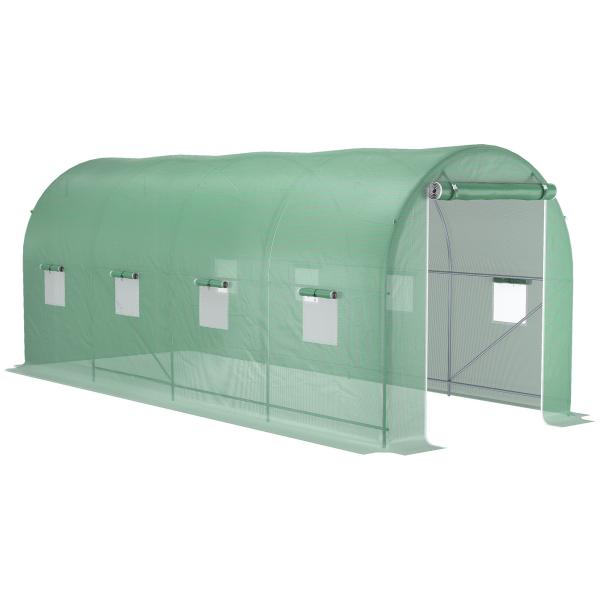 Estufa tipo Túnel 500x200x205 cm Estufa de Jardim com Porta Enrolável e 8 Janelas Cobertura de PE 140 g/m² Verde