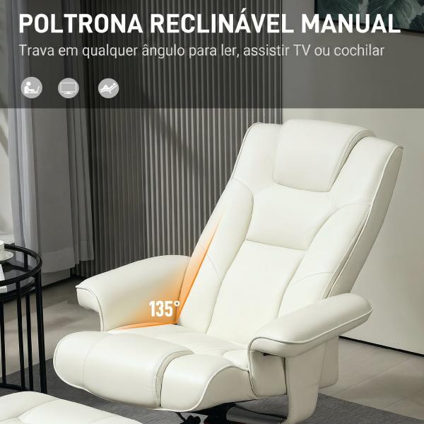Poltrona Reclinável com Apoio para Pés e Estrutura em Madeira, Suporta 150 kg, Ideal para Quarto, Creme