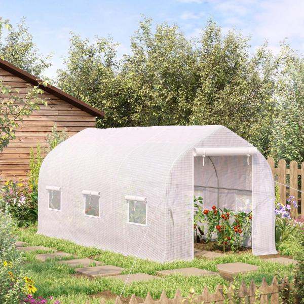 Estufa Tipo Túnel 400x200x200cm Estufa de Jardim com 6 Janelas Transpiráveis e Portas Enrolável com Zíper para Cultivo de Plantas e Verduras Branco