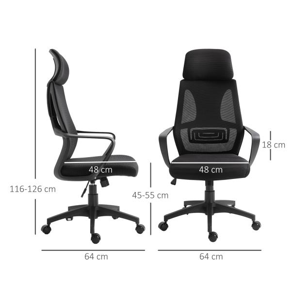 Cadeira de escritório ergonômica Cadeira de mesa inclinável ajustável em altura com encosto de braço Encosto de cabeça 5 rodas Suporta até 120 kg 64x58x116 - 126 cm Preto