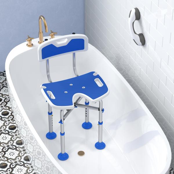 Cadeira de Duche para Pessoas Idosas Antideslizante com Altura Ajustável em 5 Posições Suporte para Duche de Mão 48x47,5x72 - 82 cm Azul