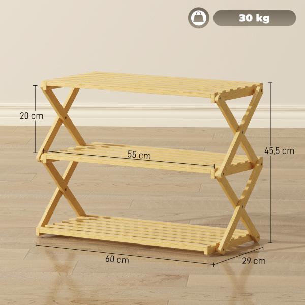 Sapateira Estreita de Bambu Dobrável de 3 Níveis para Entrada Corredor Quarto 60x29x45,5 cm Madeira