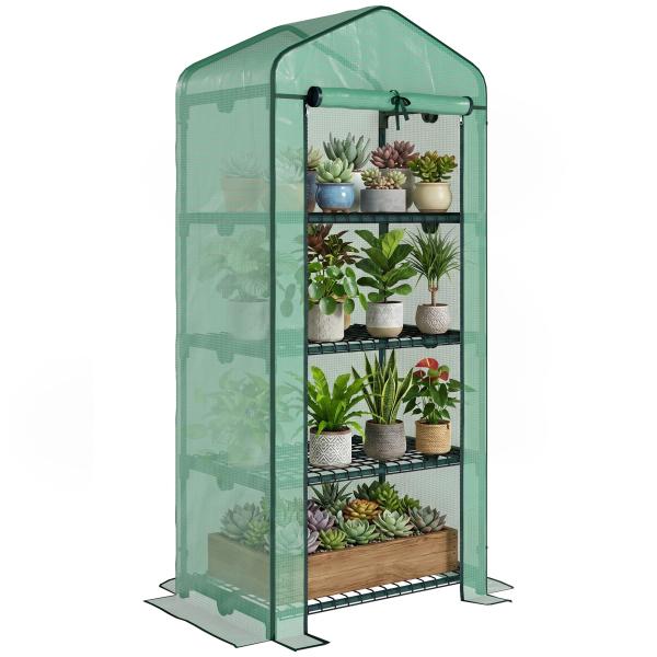 Estufa de Jardim com 4 Prateleiras e Cobertura de PE Estufa de Aço para Cultivo de Plantas Flores 70x50x160cm Verde