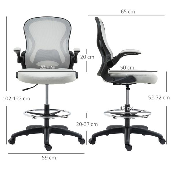 Cadeira de Escritório com Suporte Lombar Apoio para os Braços Dobrável e Altura Ajustável 59x65x102 - 122 cm Cinza