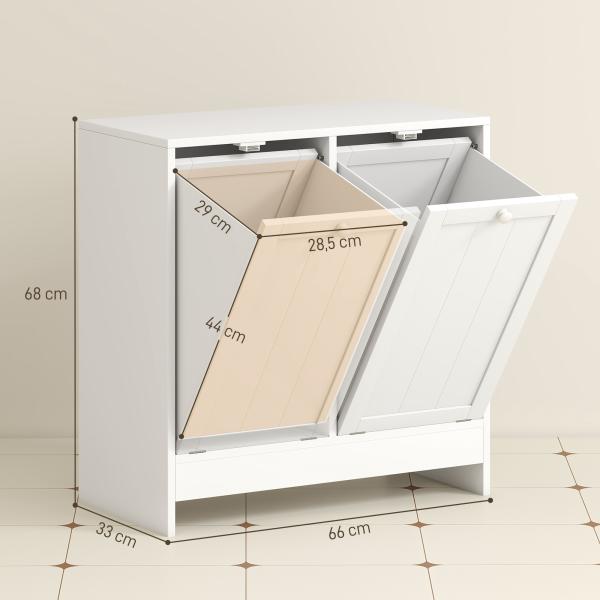 Armário de Casa de Banho com Cestos de Roupa Suja Móvel Roupa Suja com 2 Compartimentos 66x33x68 cm Branco