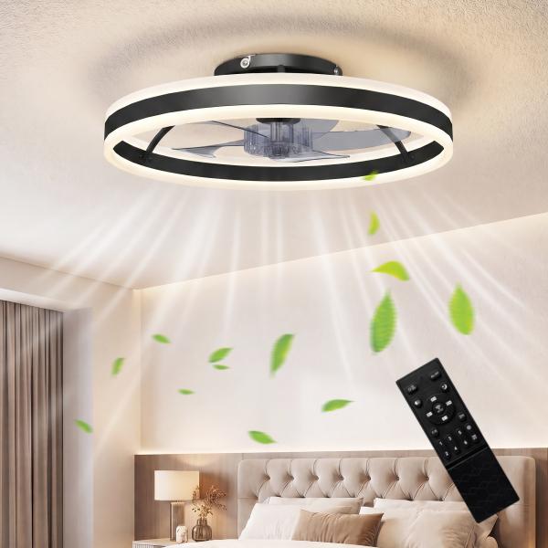 Ventoinha de Teto com Luz LED 6 Velocidades Motor Reversível e Comando Remoto Potência 45W Ø50x13,5 cm Preto