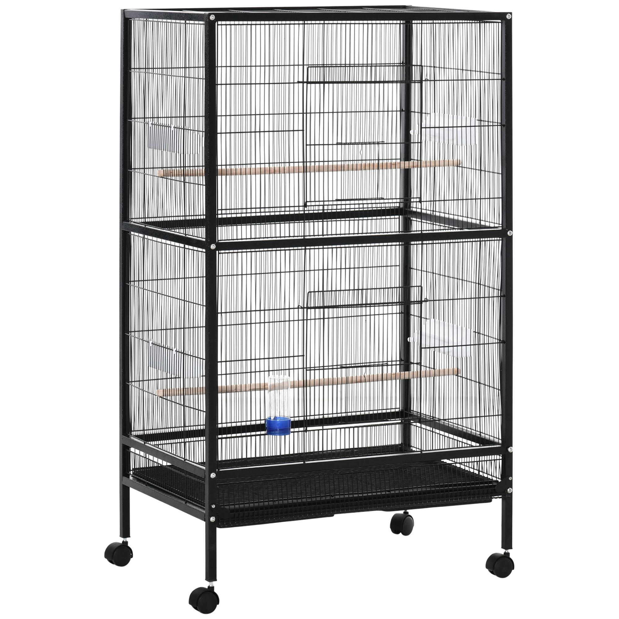 Gaiola para Pássaros com 4 Rodas Gaiola para Pássaros Metálica com Múltiplas Portas 4 Comedouros Bebedouro 2 Poleiros e Bandeja para Louros Canários Periquitos 79x52x137cm Preto