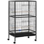 Gaiola para Pássaros com 4 Rodas Gaiola para Pássaros Metálica com Múltiplas Portas 4 Comedouros Bebedouro 2 Poleiros e Bandeja para Louros Canários Periquitos 79x52x137cm Preto