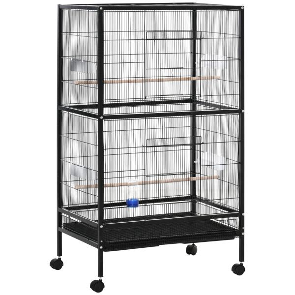 Gaiola para Pássaros com 4 Rodas Gaiola para Pássaros Metálica com Múltiplas Portas 4 Comedouros Bebedouro 2 Poleiros e Bandeja para Louros Canários Periquitos 79x52x137cm Preto
