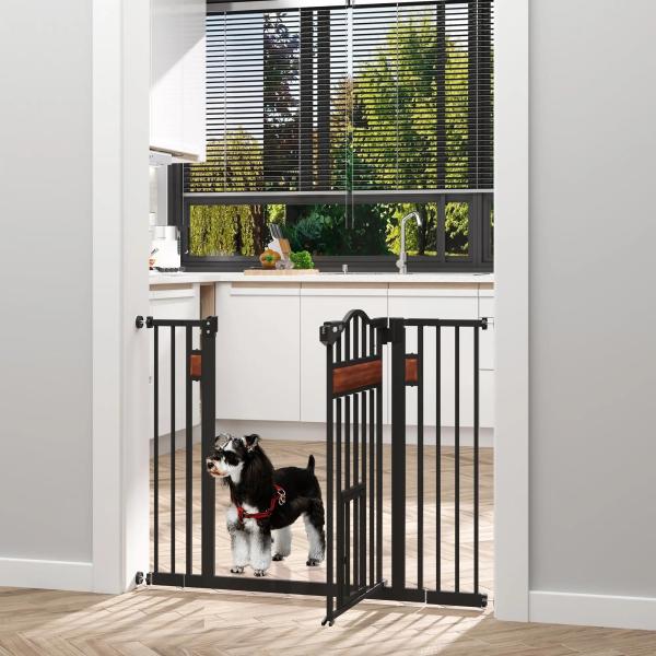 Barreira de Segurança para Cães Extensível para Portas Escadas 74 - 105cm com 2 Extensões de 10 e 15cm com 2 Portas e Fechadura Automática Aço Preto