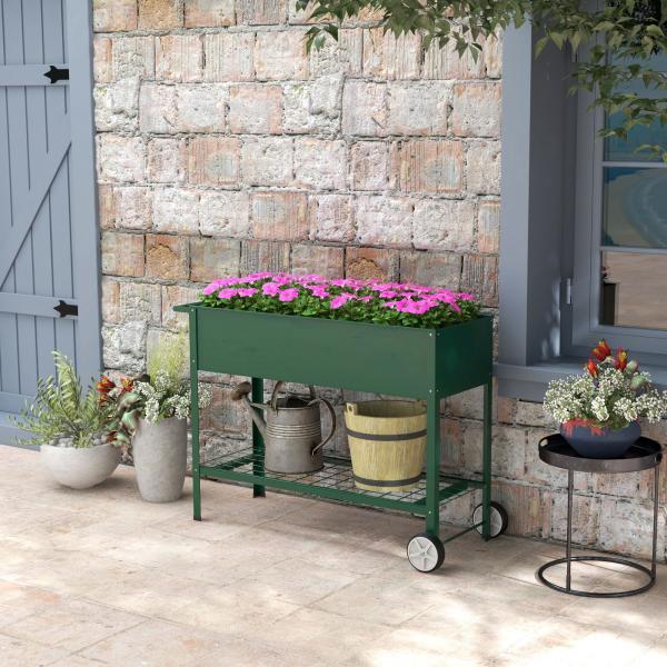 Horta Vertical Elevada de Metal Horta Vertical com Rodas Alça Lateral e Prateleira Inferior para Cultivo 109x44x80 cm Verde