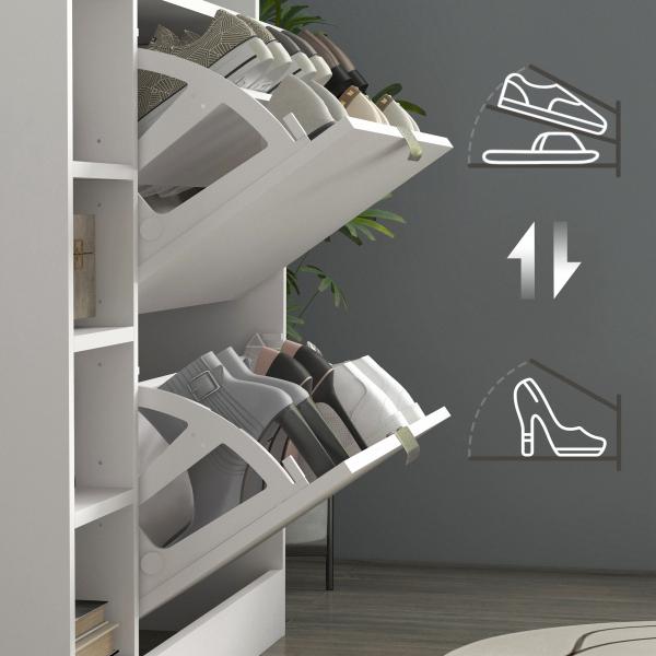 Sapateiro com Gavetas Basculantes, Prateleiras Ajustáveis e Prateleiras Abertas para 12 Pares de Sapatos 89x25x92 cm Branco