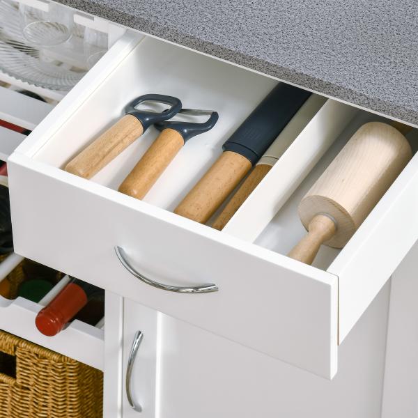Carrinho de Cozinha com Rodas 1 Gaveta Prateleiras Suporte para 4 Garrafas e Armário Carga 40kg 76x48x88cm Branco e Cinza