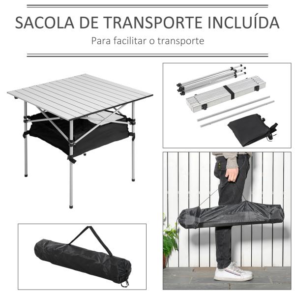 Mesa Dobrável de Campismo Mesa de Piquenique com Armazenamento e Bolsa de Transporte 70x70x69 cm Prata e Preto