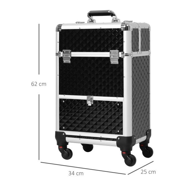 Mala de Maquilhagem Profissional com Gaveta Mala de Maquilhagem com Rodas para Viagem Trabalho 34x25x62 cm Preto