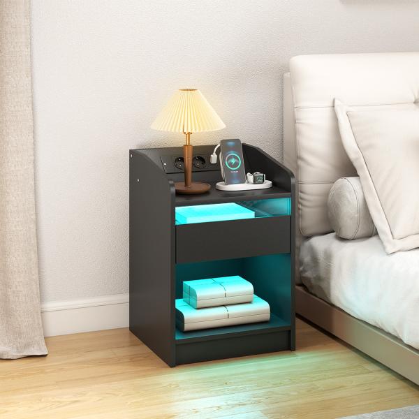 Mesa de Cabeceira com Luzes LED Gaveta Prateleira Estação de Carregamento Entrada USB e Controlo Remoto 40x40x58 cm Branco