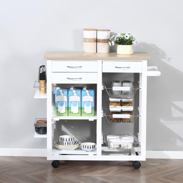 Carrinho de cozinha multifuncional com gavetas Cestas Prateleiras de especiarias Toalheiro Rodas 92x37x82 cm Branco