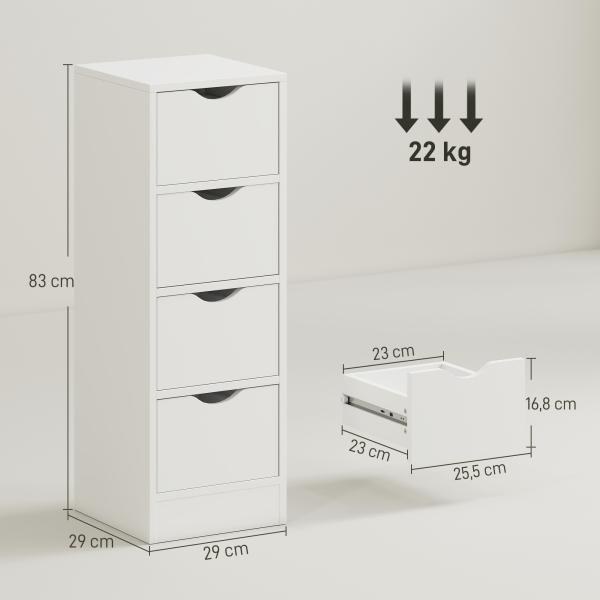 Armário Estreito de Casa de Banho com 4 Gavetas e Puxadores Embutidos para Espaços Reduzidos 29x29x83 cm Branco