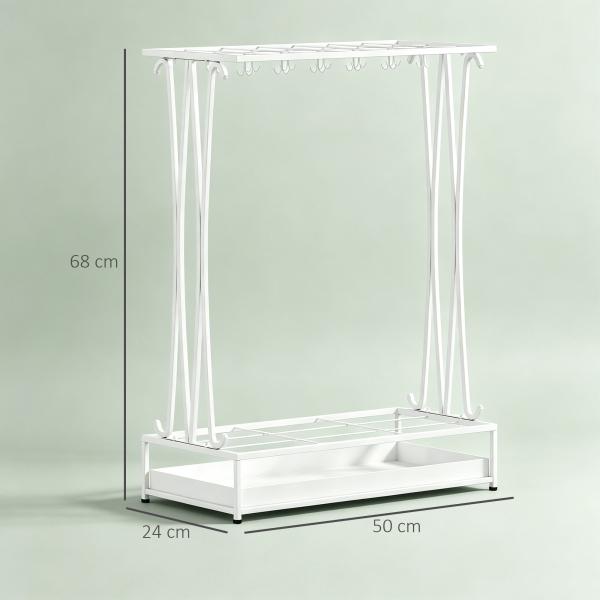 Suporte para Guarda - Chuva Moderno Retangular com 24 Ganchos 21 Espaços e Bandeja Recolhedora de Gotas 50x24x68 cm Branco