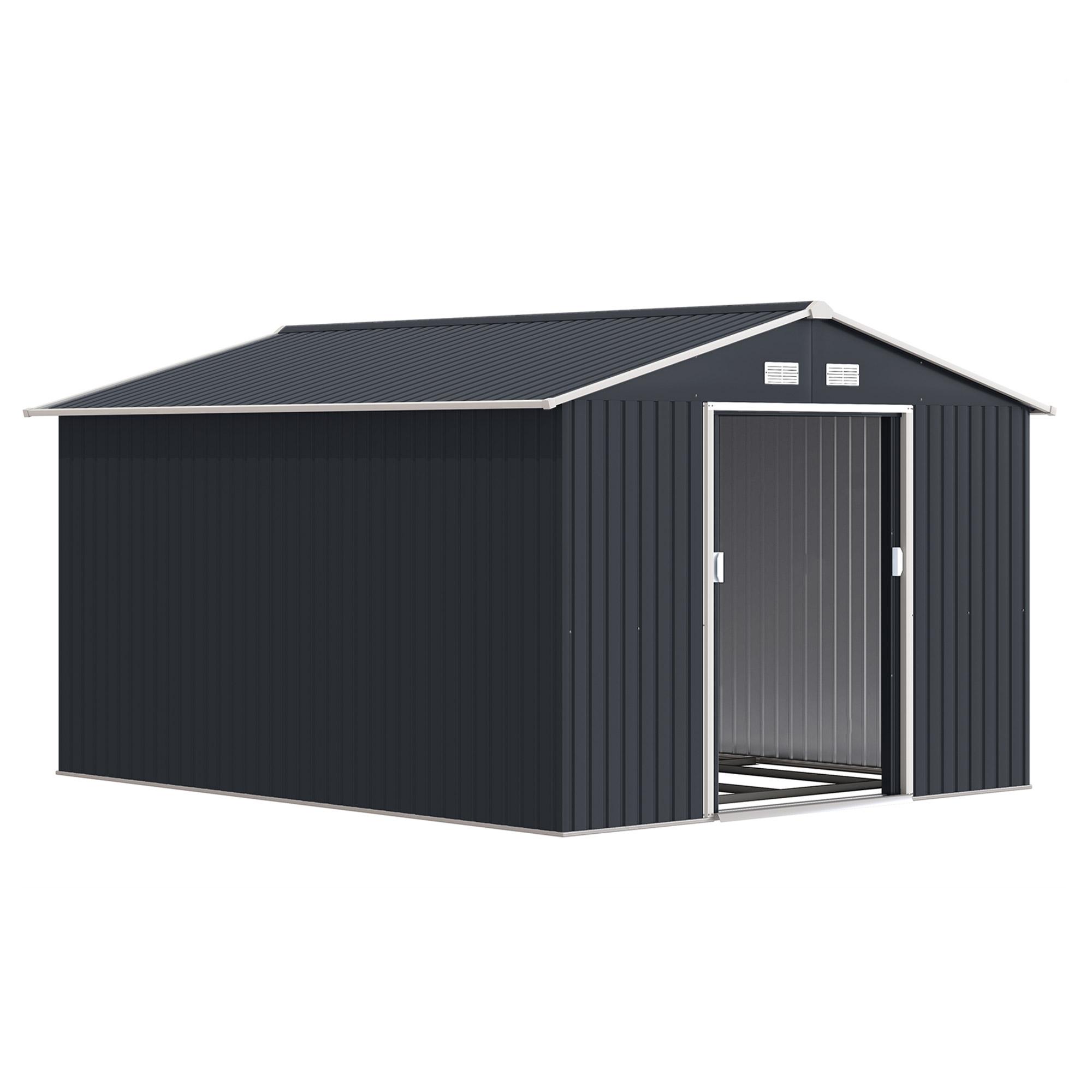 Abrigo de Jardim Metálico para Armazenamento de Ferramentas com Base de Reforço Incluída e 4 Janelas 277x322x192 cm Cinza Escuro