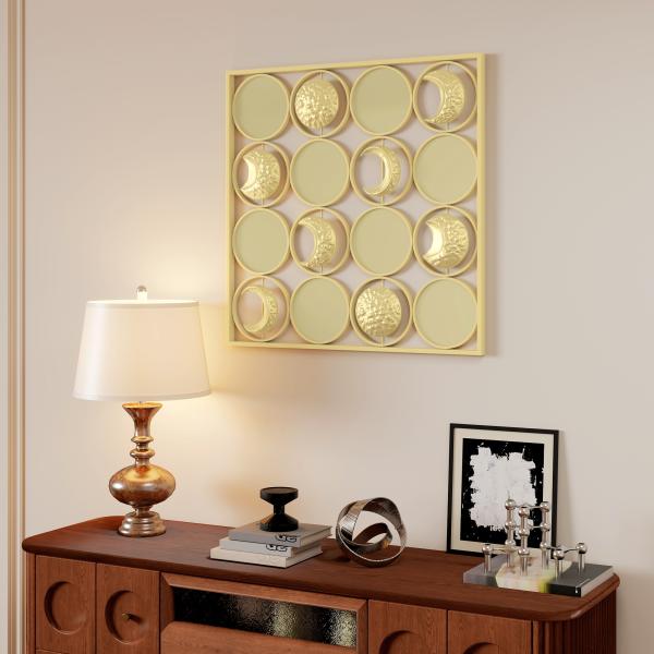 Decoração de Parede Metálica de Fases Lunares com 16 Discos para Sala Quarto Corredor 67,9x67,9 Dourado