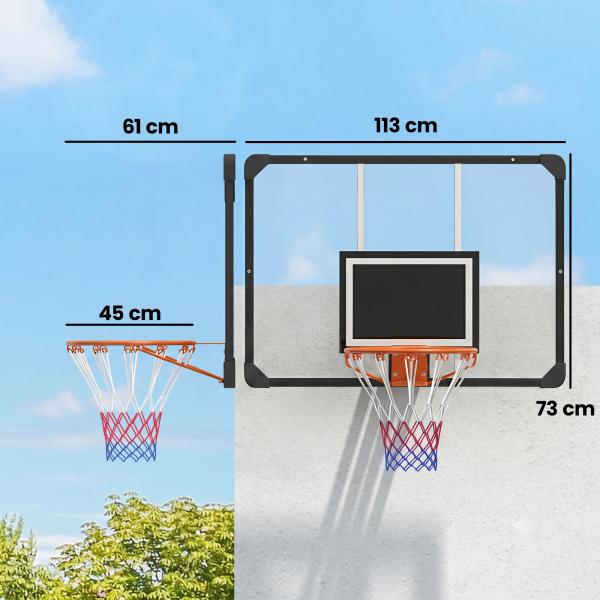 Tabela de Basquetebol de Parede com Quadro e Estrutura de Aço para Utilização em Interiores e Exteriores 113x61x73 cm Preto