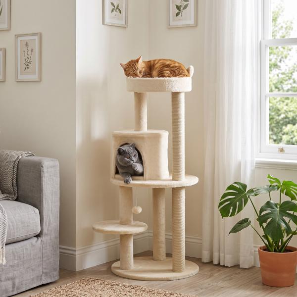 Árvore Arranhador para Gatos com Plataforma Caverna Postes de Sisal e Bola Suspensa 48x48x104 cm Bege