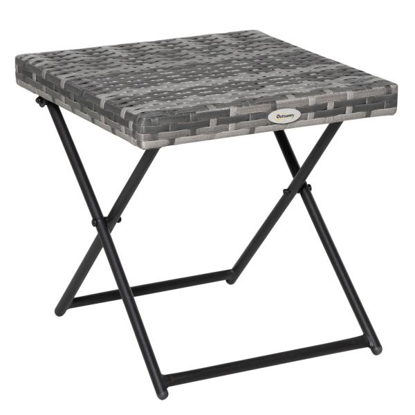 Mesa de Jardim em Vime Sintético Mesa Dobrável com Pés Cruzados e Estrutura de Aço para Pátio Varanda 40x40x40 cm Cinza