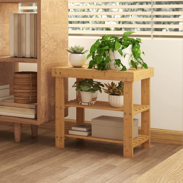 Banco Sapateira de Bambu Organizador de Sapatos com 2 Prateleiras para 4 Pares de Sapatos 50x28x45 cm Madeira