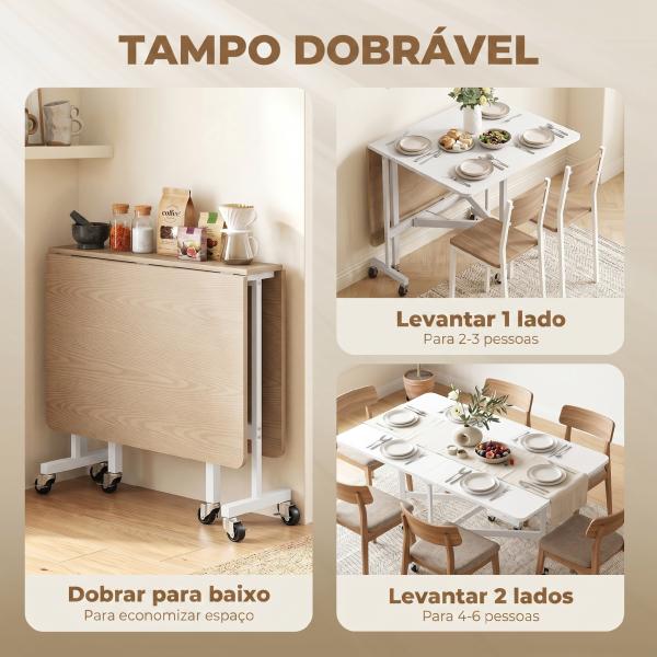 Mesa Dobrável de Cozinha para 4 - 6 Pessoas Mesa de Sala de Jantar Dobrável com Rodas e Laterais Dobráveis 120x80x73 cm Branco
