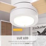 Ventoinha de Teto 48W com Luz LED Controle Remoto 3 Velocidades Temporizador 3 Lâminas de Madeira Ø112x25cm Branco