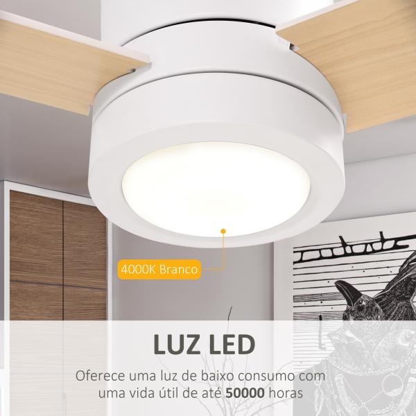 Ventoinha de Teto 48W com Luz LED Controle Remoto 3 Velocidades Temporizador 3 Lâminas de Madeira Ø112x25cm Branco