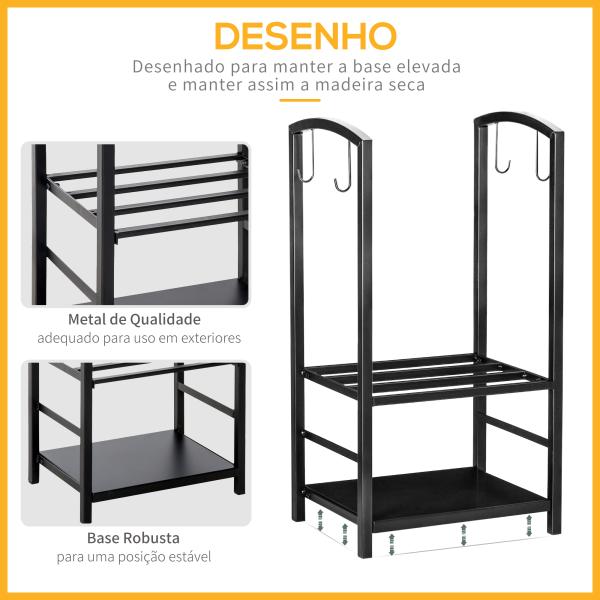 Suporte para Lenha de 2 Níveis Porta Lenha Exterior e Interior Metálico com 4 Ferramentas para Lareira Carga Máx. 100kg 40x30x74,5cm Preto