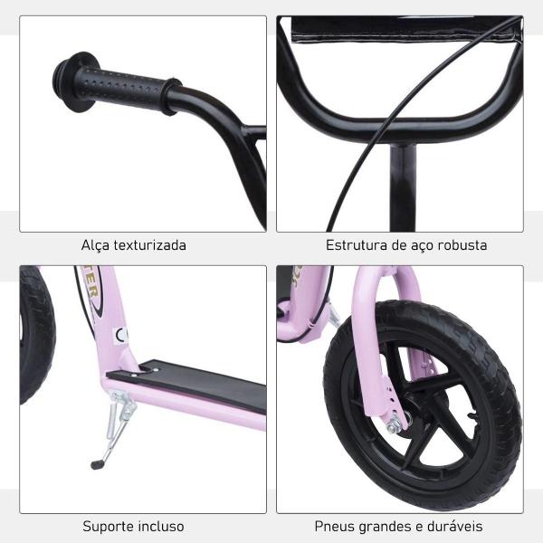Trotinete para Crianças acima de 5 anos Scooter de 2 Rodas Grandes de 12 Polegadas com Freio e Guidão Ajustável em Altura Carga Máx. 50kg 120x52x80 - 88cm Rosa